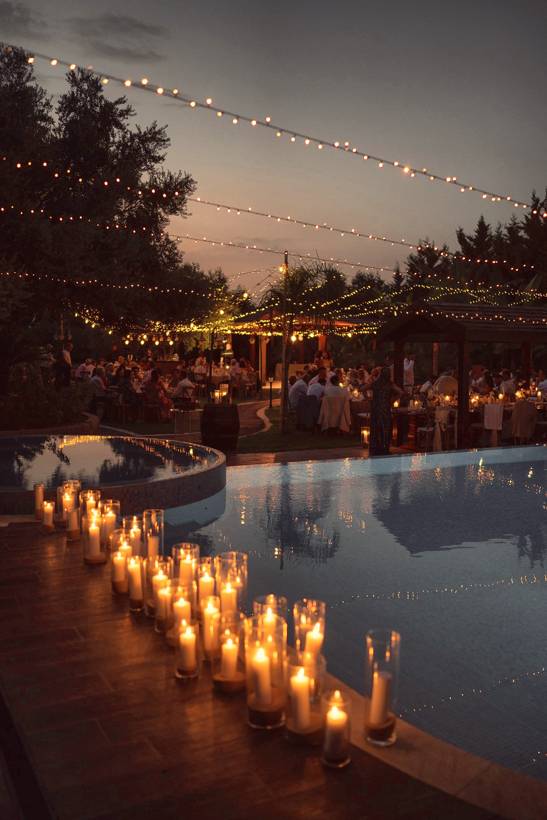 Candles round the pool at night