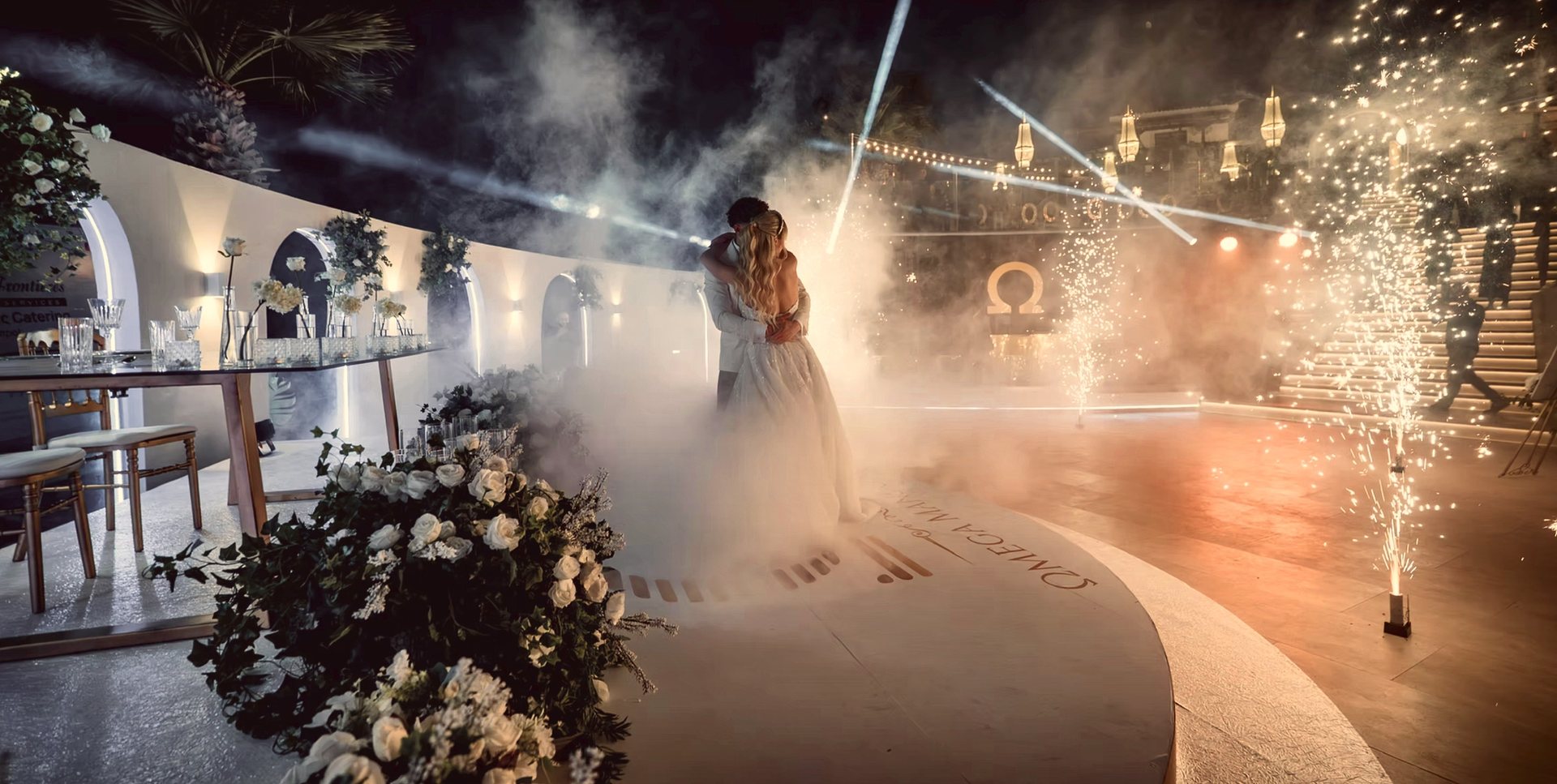First dance at the Omega Mansion, sparklers and fog on the terrace