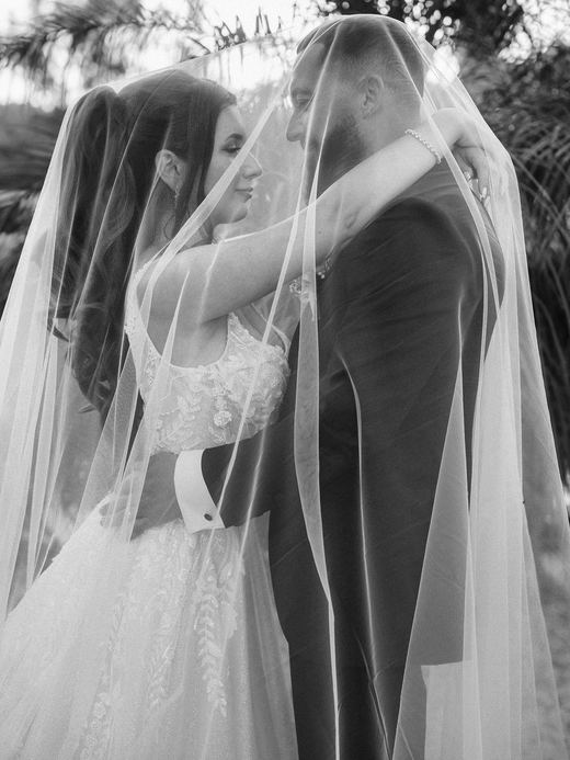 A couple under the veil among the palms